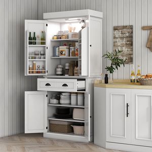 Armadio dispensa autoportante alto 180 cm per cucina, con anta bianca smaltata, luci LED e ripiani regolabili, ideale per hotel - Product Image 2