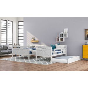 Letto a castello bianco singolo su matrimoniale con scaletta e letto estraibile singolo per bambini con sponda di sicurezza - Product Image 6