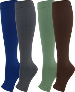 Calcetines de compresión hasta la rodilla para mujer, clase 2, color burdeos sólido, tejido acanalado, para uso diario, calcetines transpirables de fibra de bambú - Product Image 5