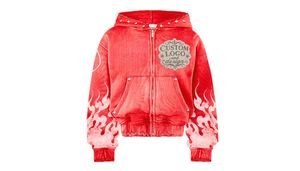 Sweat à capuche personnalisé coupe ample vintage délavé avec imprimé flamme, poche avant zippée, coupe carrée, épaules tombantes, broderie vieillie et strass - Product Image 6