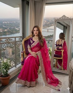 Imperial Elegance Fendy <b>Satin</b> Embroidery Designer Saree Sequence Work Heavy Border Butti Stitched <b>Blouse</b> Wrinkle Free Quick Dry - Product Image 6
