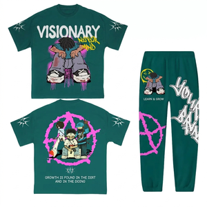 เสื้อยืดผู้ชายผ้าคอตตอนผสมเนื้อหนัก 300 GSM สีเทาแดง พิมพ์ลายพัฟฟ์ ประดับหมุด พร้อมกางเกงขาบาน ชุดเสื้อยืดและกางเกงผู้ชาย - Product Image 5