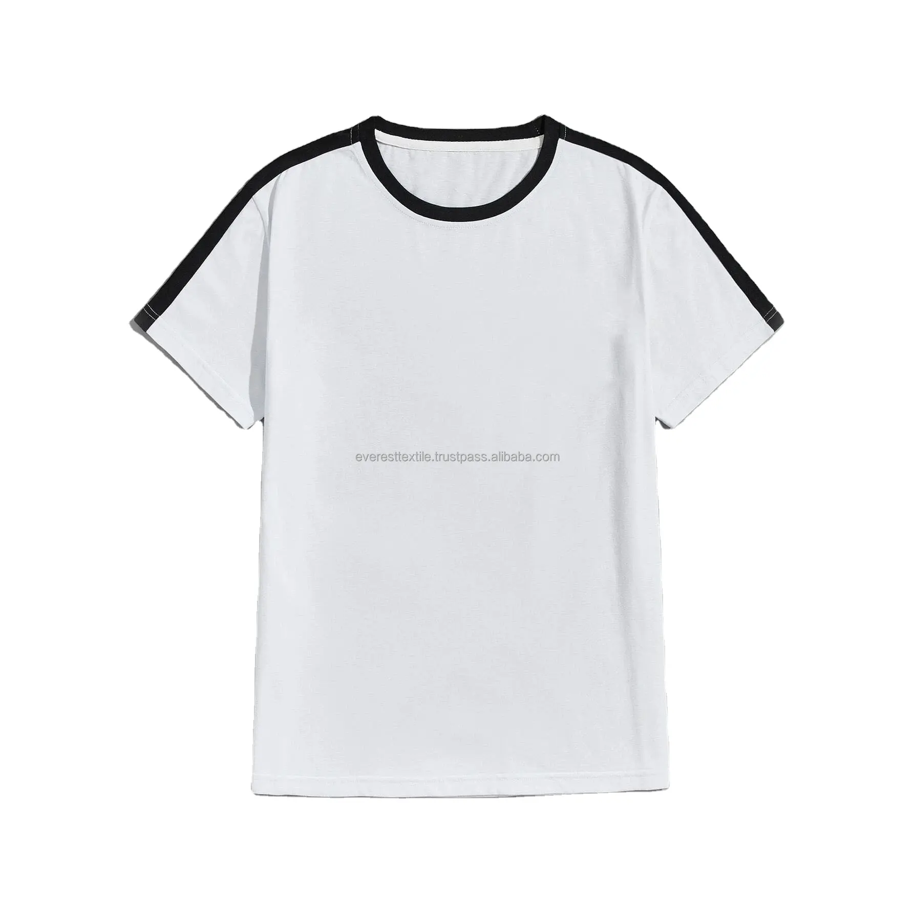 Blank White T-shirt With Black Stripe On Sleeve And Round Neck