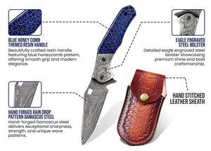 Couteau pliant EDC en acier Damas avec manche nid d'abeille, clip de poche et étui en cuir, couteaux à bolster gravés au laser - Product Image 6