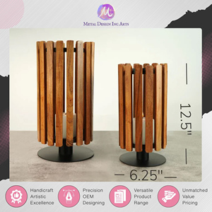 Support à bougie hurricane en fer et bois d'acacia de qualité supérieure, noir et marron, parmi les plus vendus, provenant d'un fournisseur d'origine indienne - Product Image 3