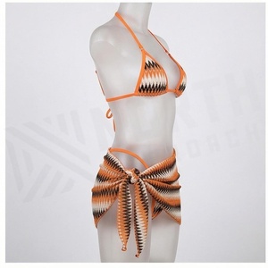 Ensemble bikini imprimé géométrique orange pour femme, haut dos nu, bas à nouer sur les côtés, style asymétrique, maillot de bain deux pièces, tenue de plage - Product Image 6