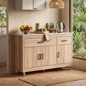 Modern 2160 Kitchen <b>Sideboard</b> Buffet Cabinet Mosaic Top 3 Door 2 Drawer Wood Pantry Console Chrome Legs Organizer - Product Image 2