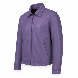 Men Purple Genuine Leather Coated Waterproof <b>Vintage</b> Stand Collar Front Zipper Closure Casual Winter <b>Bomber</b> <b>Jacket</b> - Product Image 4