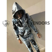 Ensembles de survêtements évasés déchirés effet délavé à l'acide avec patchs, style streetwear, comprenant un sweat à capuche zippé et un pantalon de survêtement