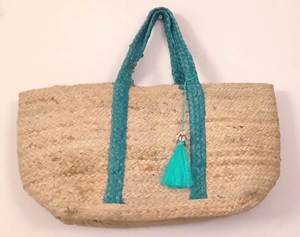 Sac fourre-tout bohème en paille avec pompon turquoise et poignées tressées pour la plage, sac à main léger pour femme - Product Image 3