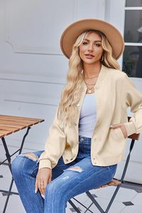 Cream Varsity <b>Jacket</b> Soft Bomber Women Coat Casual Baseball <b>Jacket</b> for <b>Lady</b> Fashion Pocket Design Button Up Sportswear Top New - Product Image 5