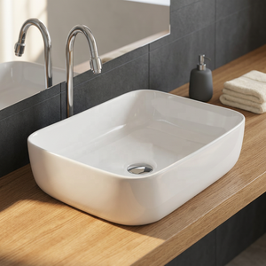 Lavabo de salle de bain artistique rectangulaire moderne en céramique à poser sur comptoir avec accessoire de vidange - Product Image 5