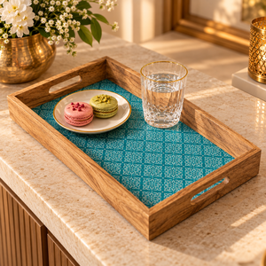 Plateau en émail géométrique bleu sarcelle |   Plateau de service en bois naturel avec poignées découpées, décoratif pour la salle à manger, la cuisine, la maison, la table, cadeau, accent décoratif - Product Image 3