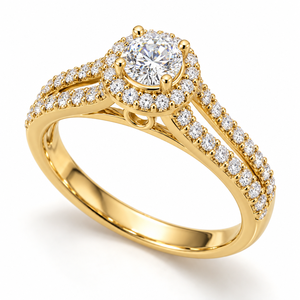 0.60 CTS Round Halo <b>Split</b> Double Row Pave <b>Ring</b> Classic 14K Yellow Gold Lab Grown Diamond Engagement <b>Ring</b> OEM Custom Jewelry - Product Image 1