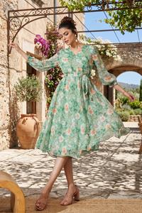 Robe midi florale pour femme, élégante, décontractée, à manches bouffantes, fluide, pour les vacances, les fêtes, robe tendance pour femme - Product Image 4