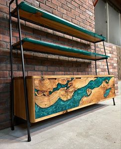 Buffet Modulaire Moderne en Bois Massif, Design Rivière de Résine, Fait Main, Style Ferme, Meuble d'Appartement, 4 Tiroirs, Bord Naturel, pour Studio - Product Image 5