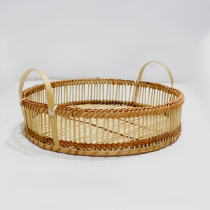 Plateau de rangement et panier de service rond en rotin tressé avec poignées, design minimaliste, multifonctionnel pour la cuisine, le salon et la maison - Product Image 4