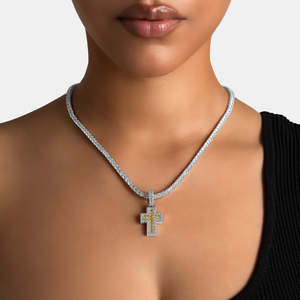 Luxury Two-Tone Iced Out <b>Cross</b> Pendant Necklace | White <b>Gold</b> <b>Cross</b> Pendant with Yellow Stones | Hip Hop Christian Jewelry - Product Image 1