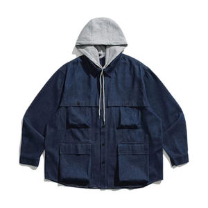 Sudadera con Capucha de Mezclilla Corta Personalizada, Estilo Vintage Lavado, Hombros Caídos, Unisex, Chaqueta de Moda Urbana - Product Image 1