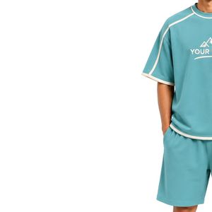 Aqua Blue Mens Oversized T Shirt And Shorts <b>Set</b> White Contrast Piping Customized Logo Crew Neck Casual Streetwear Wholesale - Product Image 3
