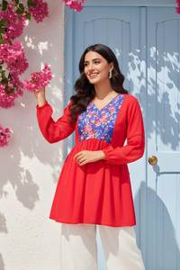 Túnica Elegante Roja de Georgette para Mujer, con Estampado, Largo Regular, Cuello en V, Manga Larga, Completamente Cosida, Estilo Occidental para Fiestas - Product Image 3