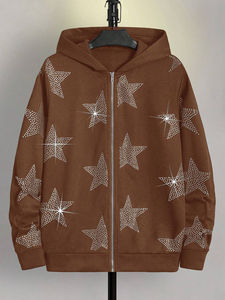 Sweat-shirt à capuche marron brodé avec imprimé étoile en strass, coupe classique, unisexe, décontracté, hiver, tricoté en polaire, 100% coton - Product Image 4