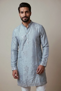 Ensemble Kurta Pajama brodé pour homme, coupe classique, style traditionnel indien pakistanais, pour un usage décontracté - Product Image 4