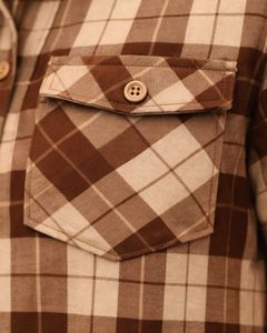 Custom Brown And Beige Plaid Womens Short Sleeve Button Up Shirt Casual Summer Lightweight Breathable Checkered <b>Top</b> With Pocket - Product Image 6
