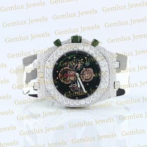 Testeur de diamant de qualité supérieure D VVS entièrement glacé Moissanite diamant chronographe Camouflage bracelet en caoutchouc montre pour hommes - Product Image 3
