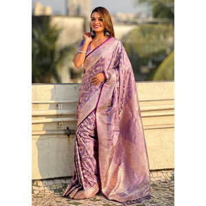 ผ้าไหมซาตินลายลาเวนเดอร์ แบรนด์ Elite Weaves พร้อมลายปักดิ้นสีชมพู ผ้าซารีอินเดียสุดหรูหรา เสื้อผ้าอินเดียและปากีสถาน - Product Image 4
