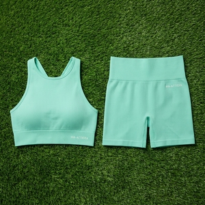 Women <b>Mint</b> <b>Green</b> Ribbed Crop Tank <b>Top</b> High Waist Biker Shorts Yoga Set Gym Fitness Workout Activewear Set - Product Image 6