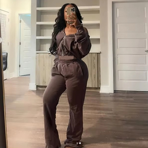 OEM Custom <b>Women</b> Vintage Two Piece Pants Set Cropped Zip Hoodie and Flare Pants Acid Wash Cotton <b>Jacket</b> Skinny Pants Tracksuits - Product Image 3