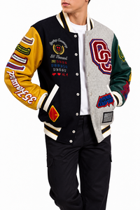 Veste universitaire unisexe SINEWY SPORTS en mélange de laine avec manches en simili cuir, patch brodé, boutons recouverts, écologique - Product Image 6