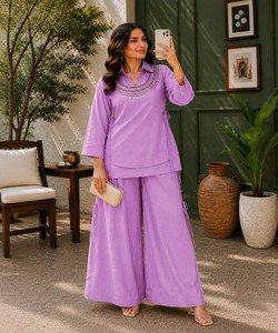 Ensemble Palazzo en Coton Violet pour Femme, Coupe Ample Traditionnelle, Longueur Cheville, Tenue Décontractée Style Inde Pakistan 86109 VRINDAVAN- VF 244 - Product Image 2