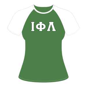 Camiseta de manga raglán verde esmeralda de la hermandad Iota Phi Lambda, ropa con letras griegas, camiseta informal de manga corta con cuello redondo para mujer - Product Image 1