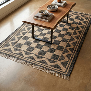 Tapis en jute tissé à la main texturé, beige et noir, motif géométrique moderne, antidérapant, épais, avec franges, pour salon, chambre, maison - Product Image 4