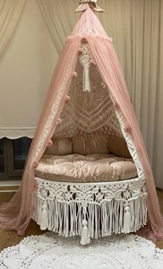 Silla Columpio de Macramé Estilo Boho Princesa con Toldo |   Silla Colgante Hecha a Mano con Cuerda Blanca |   Decoración de Habitación para Adolescentes |   Perlas con Cuentas Personalizadas - Product Image 1