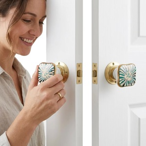 Modern Square Porcelain Cabinet <b>Knobs</b> with Green Floral Design <b>Gold</b> Trim for Kitchen Bedroom & Living Room Furniture Handles - Product Image 2