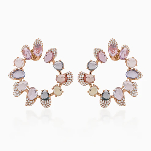 Pendientes de Aro en Oro Rosa con Cristales Multicolor Engastados en Puntas, Joyería Geométrica de Lujo para Mujer, Ideal para Fiestas - Product Image 1