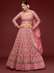Pink Cotton Embroidered Lehenga Choli with Dupatta Silk Screen Printed Floral Thread Zari Net Suit <b>Wedding</b> Party Wear for Women - Product Image 1