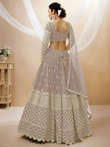 Elegant Grey Chiffon Bridesmaid Lehenga With <b>Sequined</b> Embroidery A-Line Floor-Length <b>Crop</b> <b>Top</b> Dress Long Sleeve Scoop Neck - Product Image 3