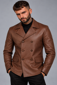<b>Men's</b> Luxury Chocolate Brown <b>Leather</b> <b>Blazer</b> Double Breasted Wide Notch Lapel Business Casual Suit Jacket OEM Wholesale Supplier - Product Image 3