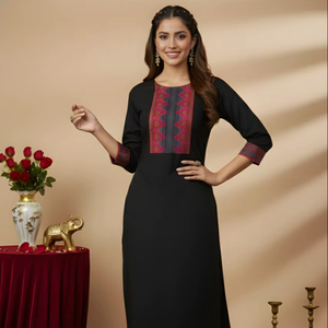 Ensemble Kurti et pantalon pour femme, noir, en coton épais, coupe droite, longueur mollet, col rond et manches trois quarts, pour tenue ethnique - Product Image 1