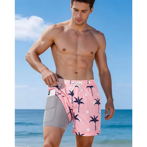 Short de bain pour homme à imprimé palmiers roses, séchage rapide, avec cordon de serrage - Product Image 2