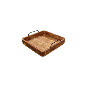 Plateau de service carré en bois massif durable avec poignées en métal, fait main, design minimaliste écologique, motif géométrique/mosaïque - Product Image 1
