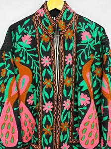 Artisanal Handworked TNT <b>Fabric</b> Jacket | Luxury Peacock Embroidery Unisex Bomber - Product Image 3