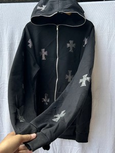 Sweat-shirt à capuche noir pour homme, zippé, surdimensionné, tricoté, imprimé croisé, décontracté, pour l'automne - Product Image 6