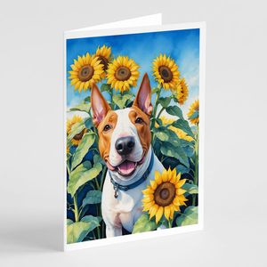 Whimsical NEW English Bull Terrier Sunflowers Tarjetas de felicitación Pack 8 Tarjetas de nota en blanco con sobres A7 Tamaño 5x7 - Product Image 1