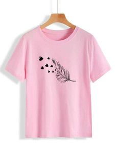 Trendy Women's <b>Black</b> Crew Neck Short Sleeve T-Shirt <b>Feather</b> Heart Print Casual Spring Summer 100% Cotton Breathable Regular Fit - Product Image 3
