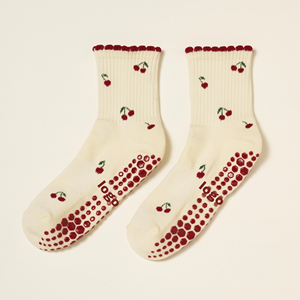 <b>Custom</b> Logo Cherry Pattern Anti Slip Crew Yoga <b>Socks</b> Ribbed Knit Cotton Blend <b>Grip</b> <b>Socks</b> for Pilates Ballet - Product Image 1
